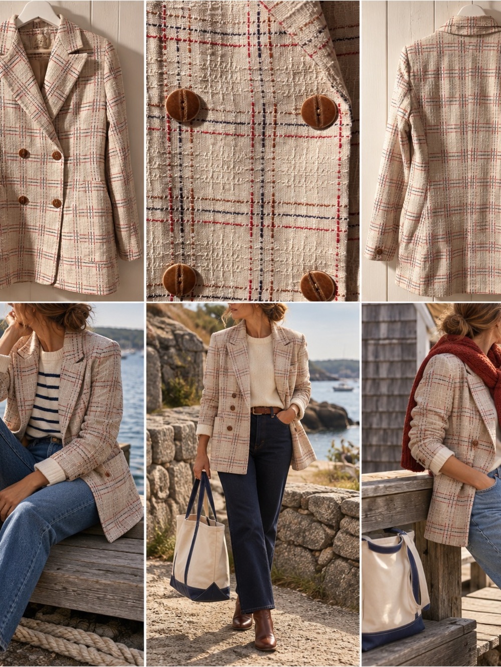 Classic Cream Plaid Double-Breasted Tweed Blazer